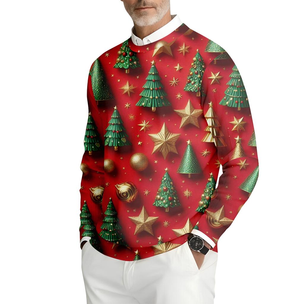 Men's Printed Round Neck Long Sleeve Ribbed Knit Sweatshirt