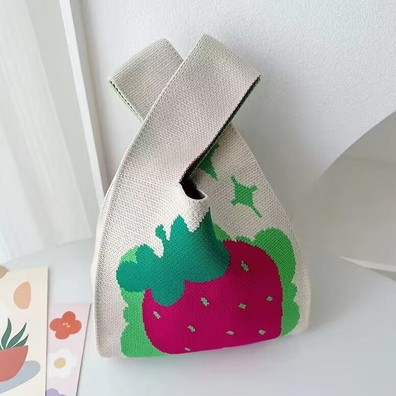 Przenośna Mini Pasiasta Torba Tote Ręcznie Robiona Dzianinowa Torba Damska Węzeł na Nadgarstek Torba Wiaderko na Telefon Duża Pojemność Jesień Zima Torebki