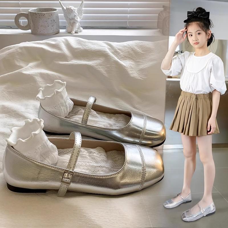 Girls Silver Mary Jane Flat Shoes 26 серебряный