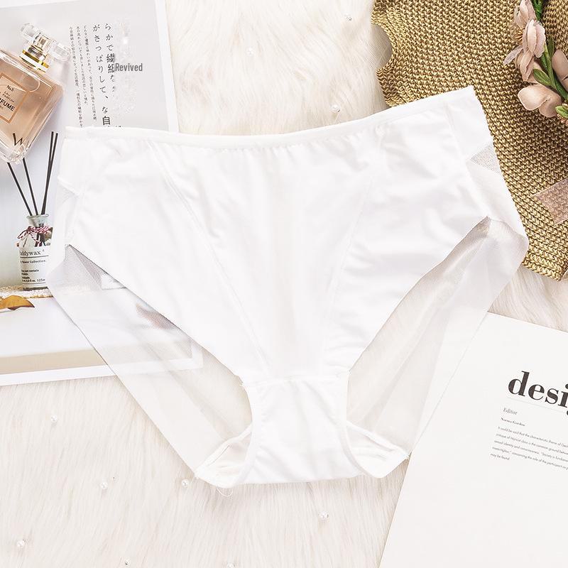 "Women's Seamless Ice Silk Mesh Mid-Waist Briefs: Breathable, Sexy, and Comfortable with Pure Cotton Crotch."