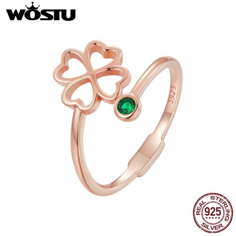 WOSTU 925 Sterling Silver Exquisite Zircon Hollow Four-leaf Clover Open Ring for Women Fine Jewelry Gift