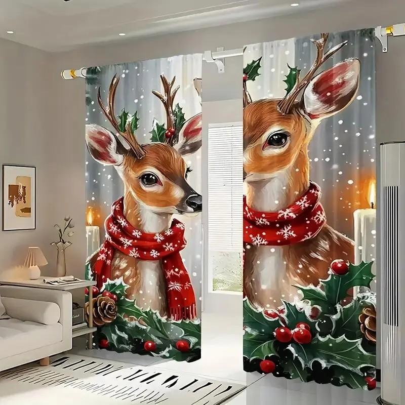 Set Of 2 Jit Cute Deer Print Curtain Christmas Window Decor Home Blackout With Rod Pocket Polyester