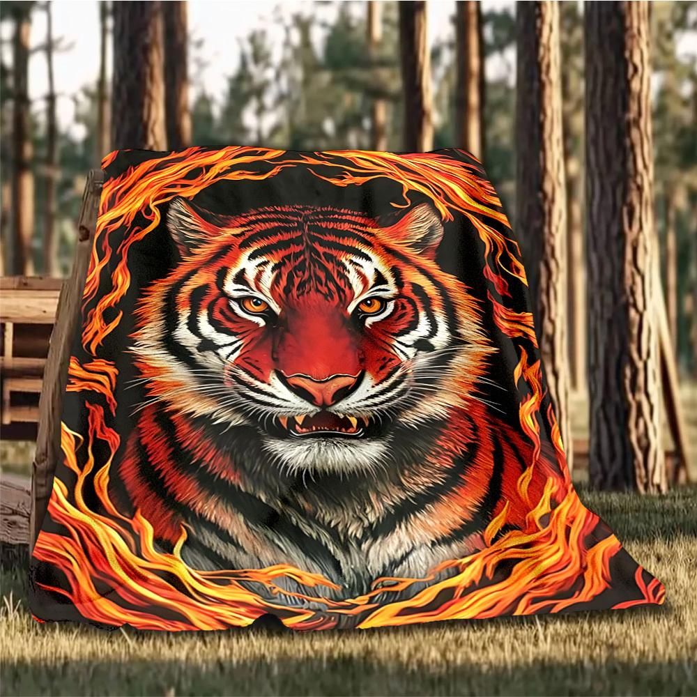 1pc Tiger Flame Print Print Outdoor Blanket, Lightweight Polyester,