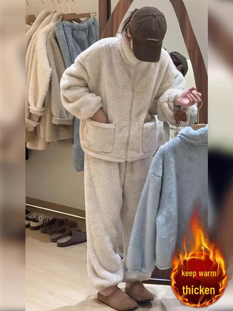 

Женский двусторонний пижамный комплект из арктического флиса: Весенне-летняя модель с длинным рукавом, плотная, теплая.