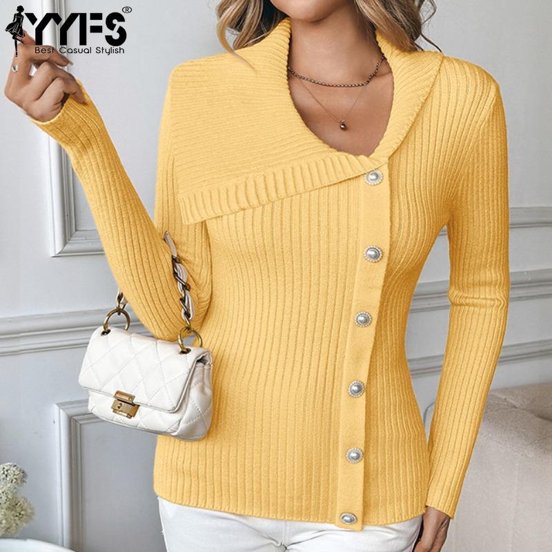 YYFS Damenmode, lässig, Herbst/Winter, einfarbig, bedruckt, langärmelig, V-Ausschnitt