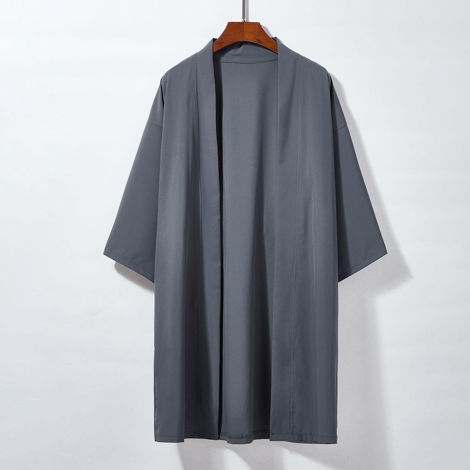 

Мужская длинная однотонная японская кимоно-пончо, летняя повседневная свободная женская юката хаори пляжная черная рубашка хиёси куртка L темно серый