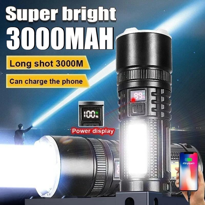 Most Powerful LED Flashlight 3000mah High Power Rechargeable Torch Tactical Lantern Ultra Powerful COB Flashlight With Type-C Charge
