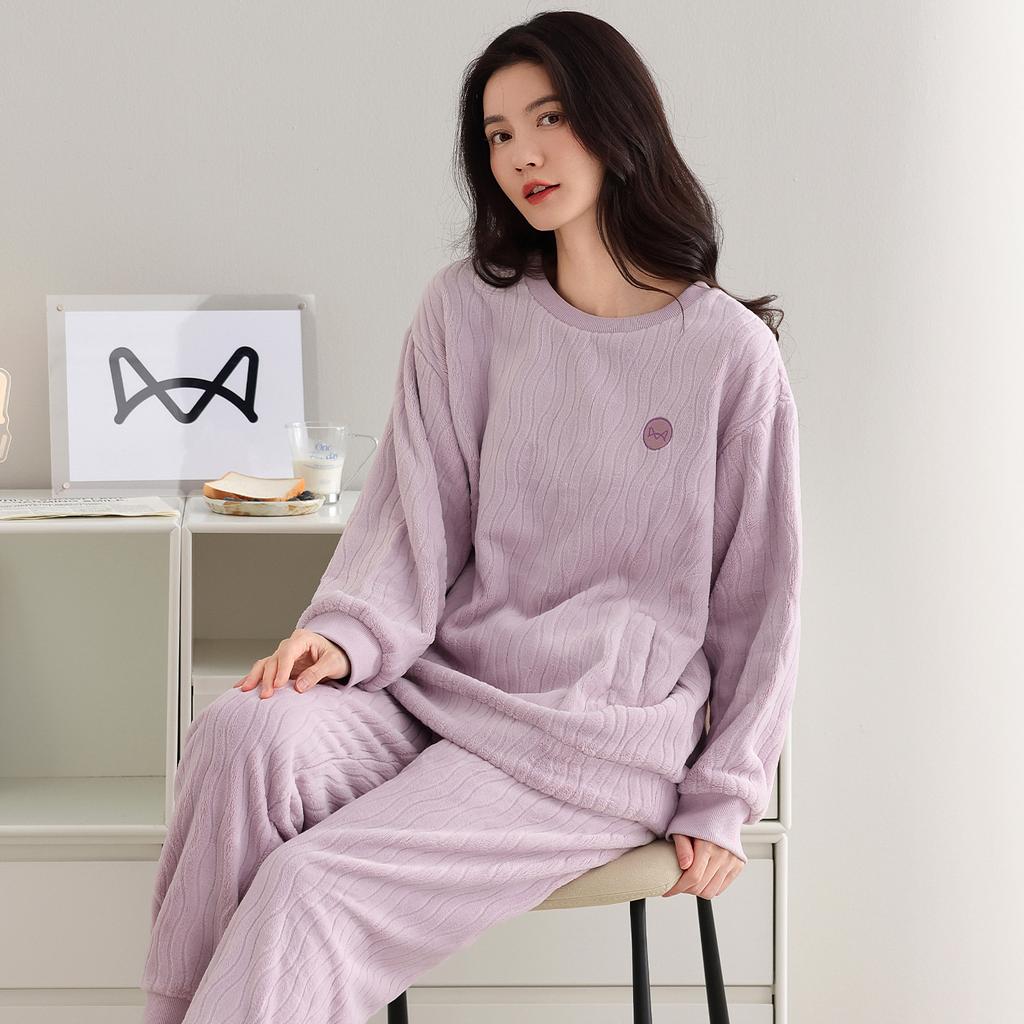 Flannel Pajamas Women'S Autumn And Winter Fleece Thickened Warm Suit Sweet Coral Fleece Loungewear