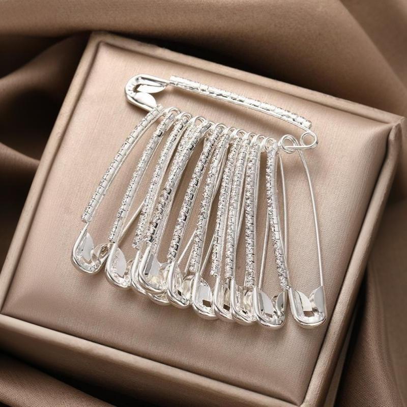 12Pcs Sparkly Safety Pin Brooch Gold Silver Rhinestone Brooches Stylish Tassel Decor Accessories Elegant Party Clothing Pins