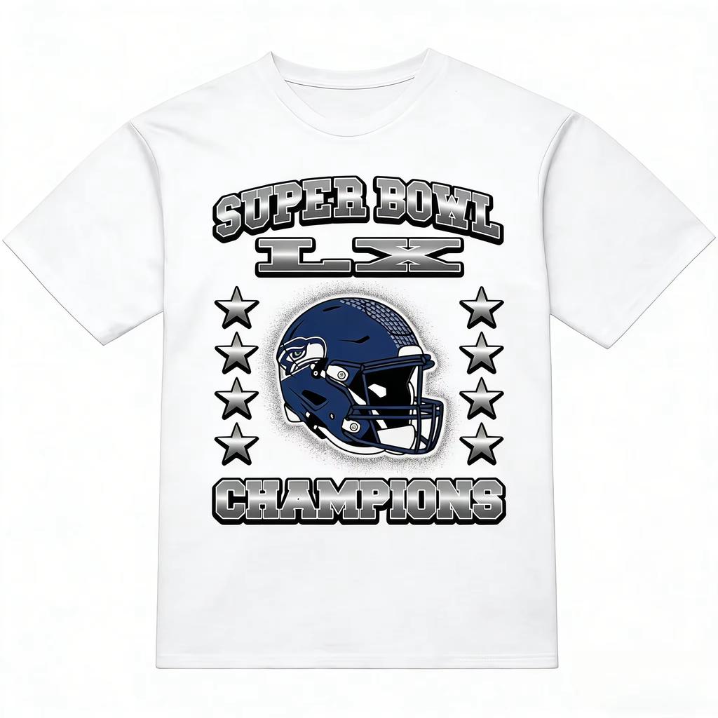Super Bowl LX 2026 Seahawks Champion Commemorative Shirt Unisex Summer New Mens Football pure Cotton Short Sleeve Tshirt