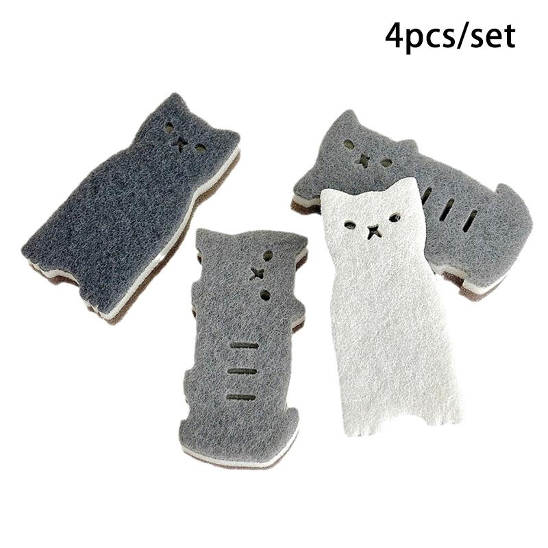 4Pcs Cat Sponge Scouring Strong Water Absorption Dishwashing Sponge Rust Cleaning Tool Washing Dishes Kitchen Gadgets