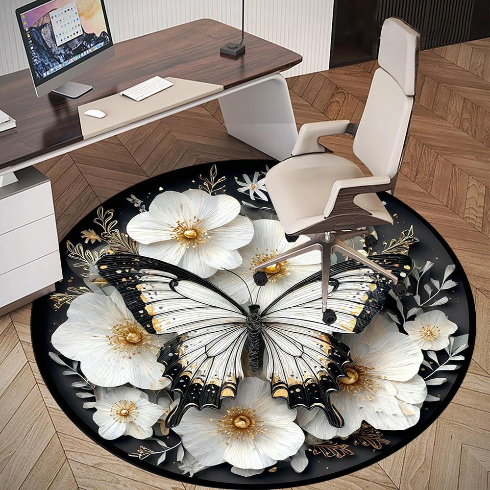 1PC Butterfly Flowers Office Round Area Rug, Under Office Chairs Bedroom Living Room Home Decor, Carpet for Office -1110140