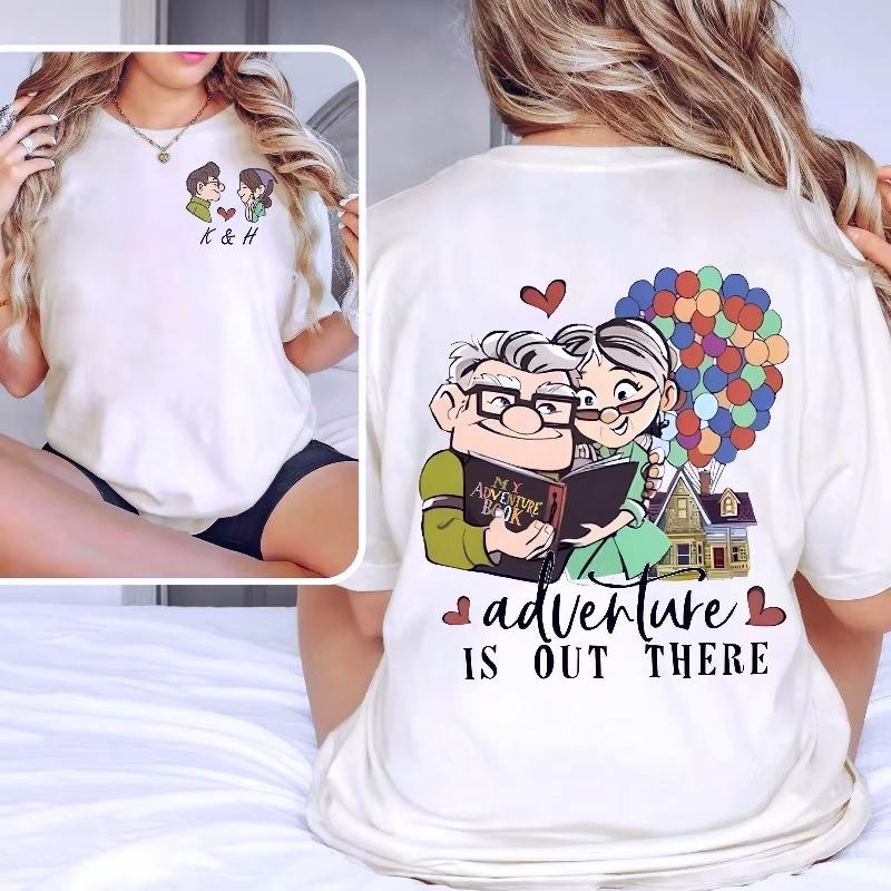 Disney Honeymoon Gift DisneyPixar Up Carl and Ellie Doublesided Printed Tshirt Carl and Ellie Couple Tshirt Unisex Women Cotton S