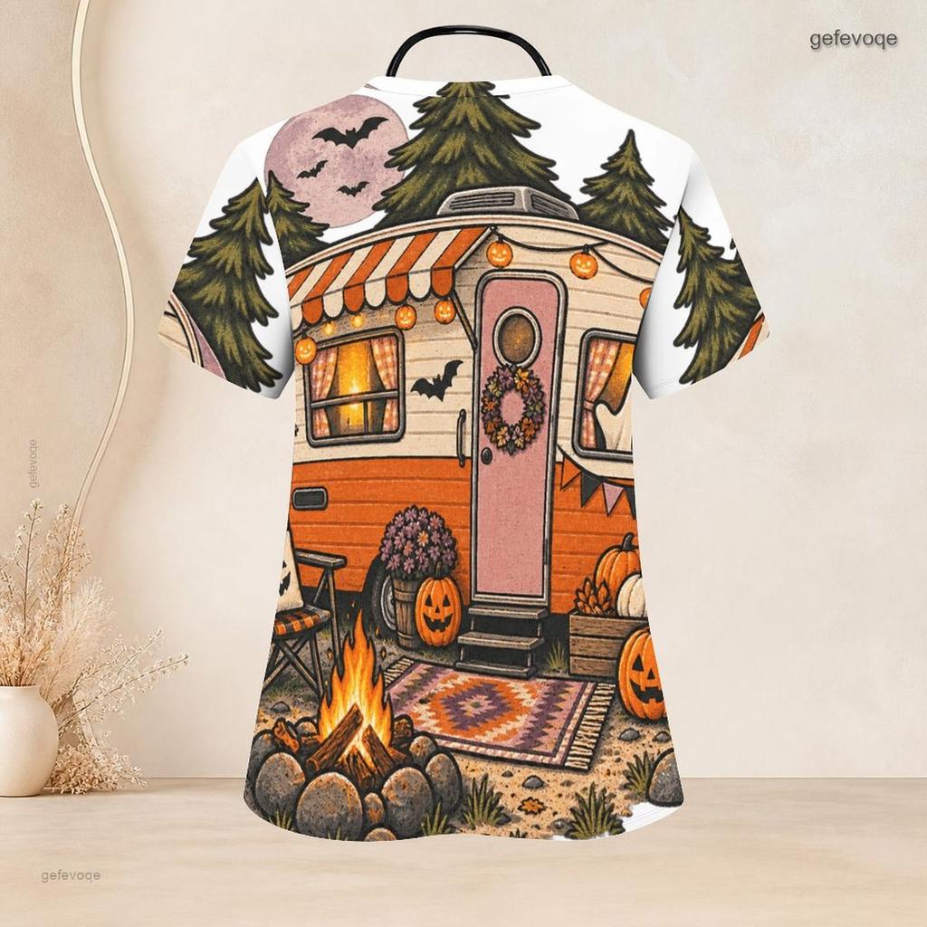 Women Plus Size V Neck Short Sleeve Scrub Top Halloween Camper Van Campfire Bat Pumpkin Print Nurse Uniform Top