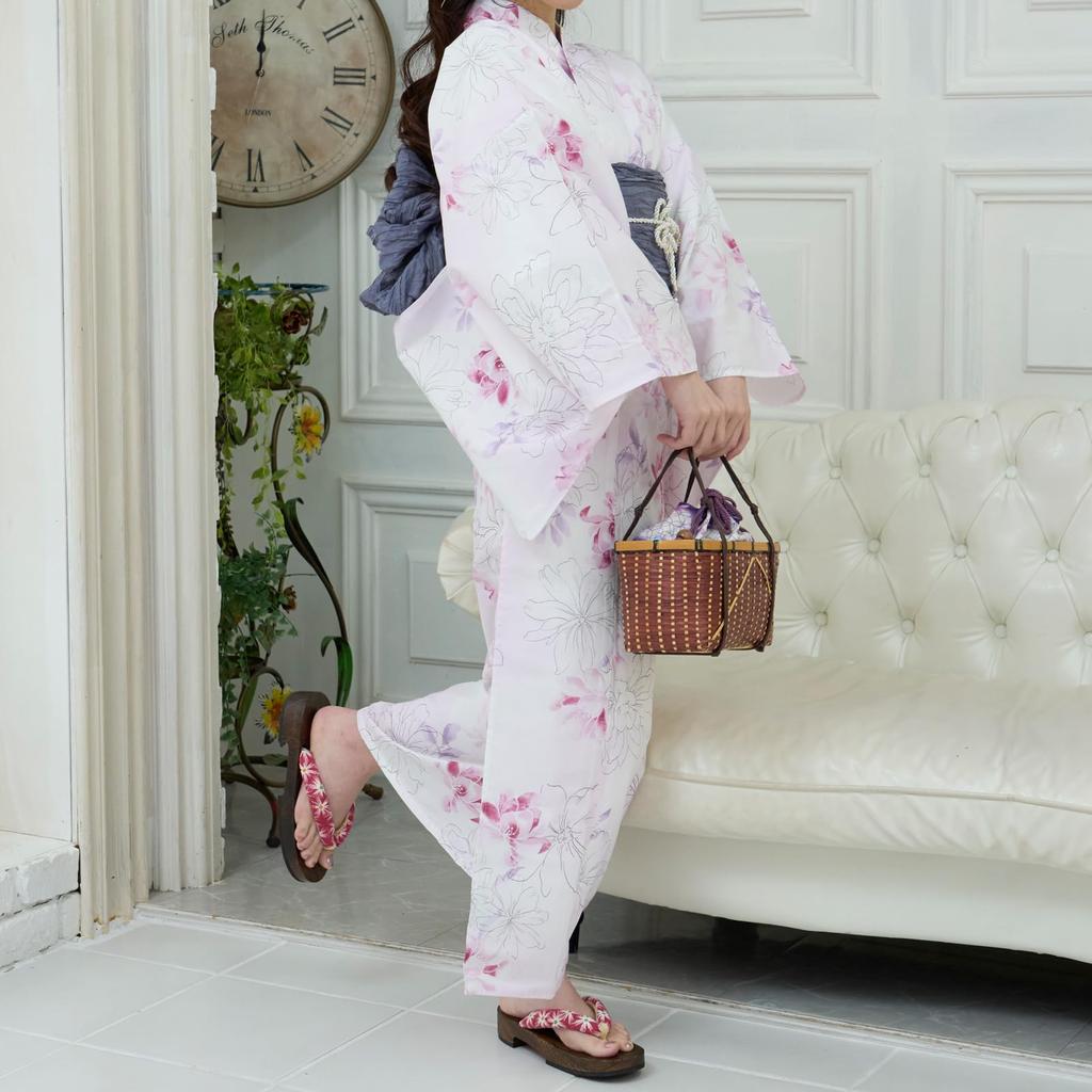 RAVIR Yukata White with Line Drawings and Floral Fluffy Obi and Geta One Size Fits All Women's 3-Piece Set, Watercolor-Style Patterns, Belt, Sandals,