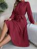 Fall Elegant Stand Collar Long Sleeve Ruched Waist A-Line Dress Women's Formal Wear