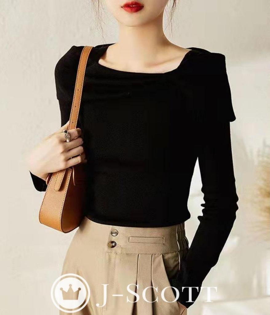 Boat Neck Knit Ribbon Slim Spring 10 Looks Regular Contoured Easy Korean Style Stylish Looks Black [J-Scott] Tops, Motif, Thin, Soft, Fit, 10/4