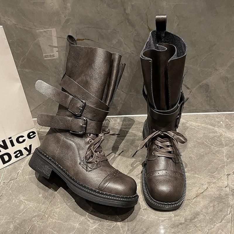 

New soft leather Martin boots women s retro belt buckle medium tube knight boots locomotive short boots women s single boots 38 сірий колір