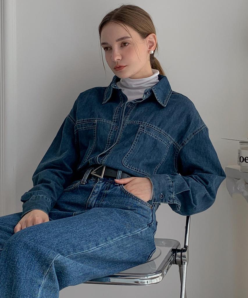 Baseukala Stitch Line Vintage Denim Shirt (2Colors)