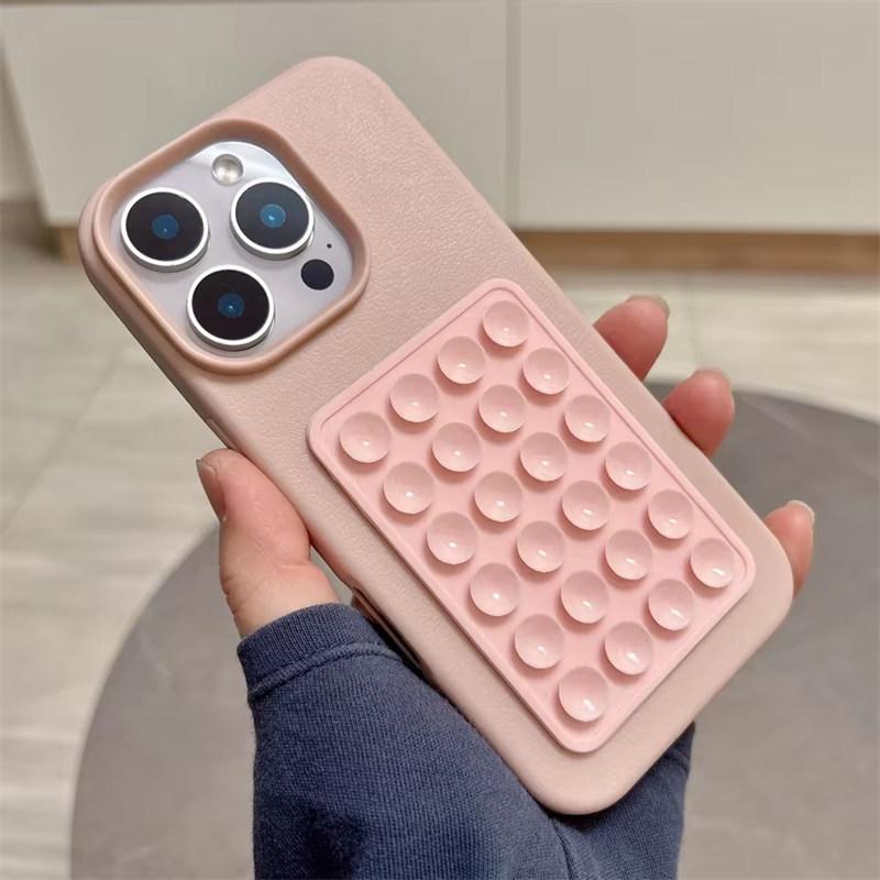 Luxury 3D Suction Cup Stand Litchi Pattern Phone Case For iPhone17 16 15 14 Plus 13 12 11 Pro Max XR X XS Soft Shockproof Cover