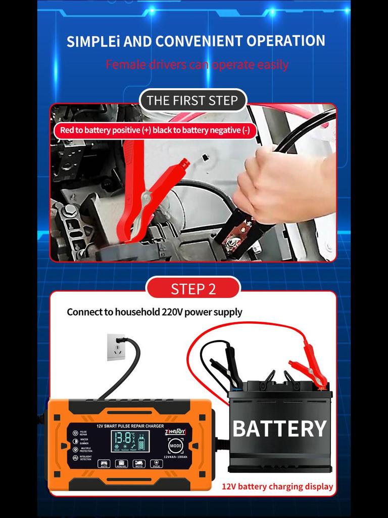 Intelligent 12V Pulse Repair Battery Charger with Screen Display for Motorcycle and Car