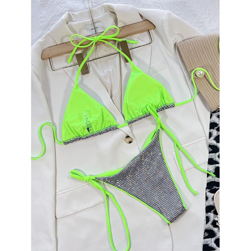 European & American Women's Colorblock Shiny Sexy Tie-Up Bikini Swimsuit