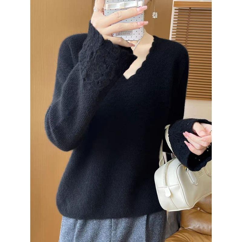 

Женский пуловер с V-образным вырезом, ажурной вязкой, новый модный и универсальный свободный кашемировый базовый свитер на осень и зиму 2XL чёрный