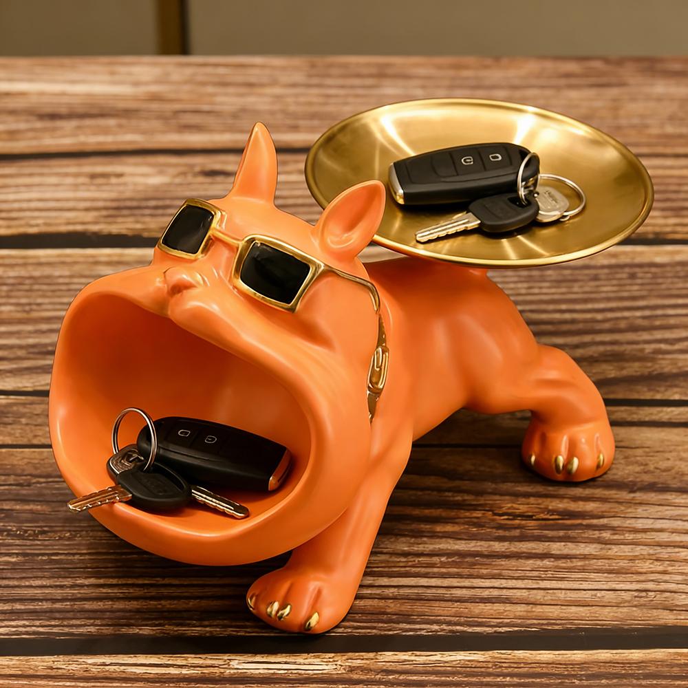 Orange Bulldog Statue Storage Tray Ornament Animal Dog Decoration Resin Craft Art Sculpture Home Decoration Gift
