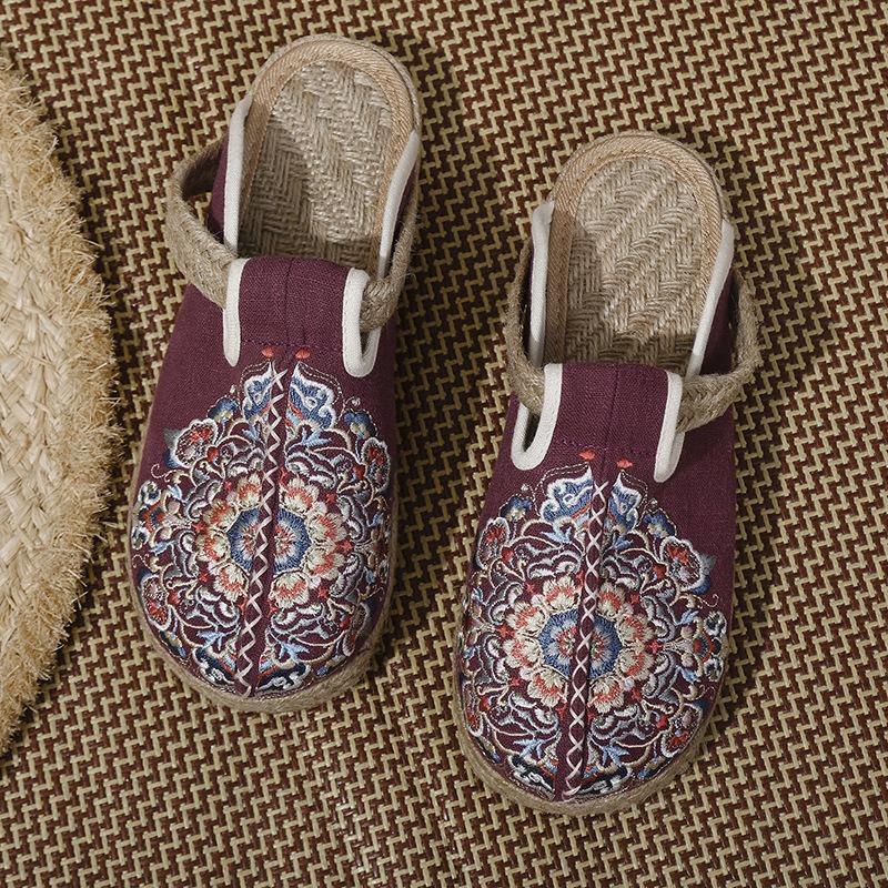 Summer new bag head half slippers women can wear ethnic style embroidered cool slippers flat heel thick sole linen lazy shoes