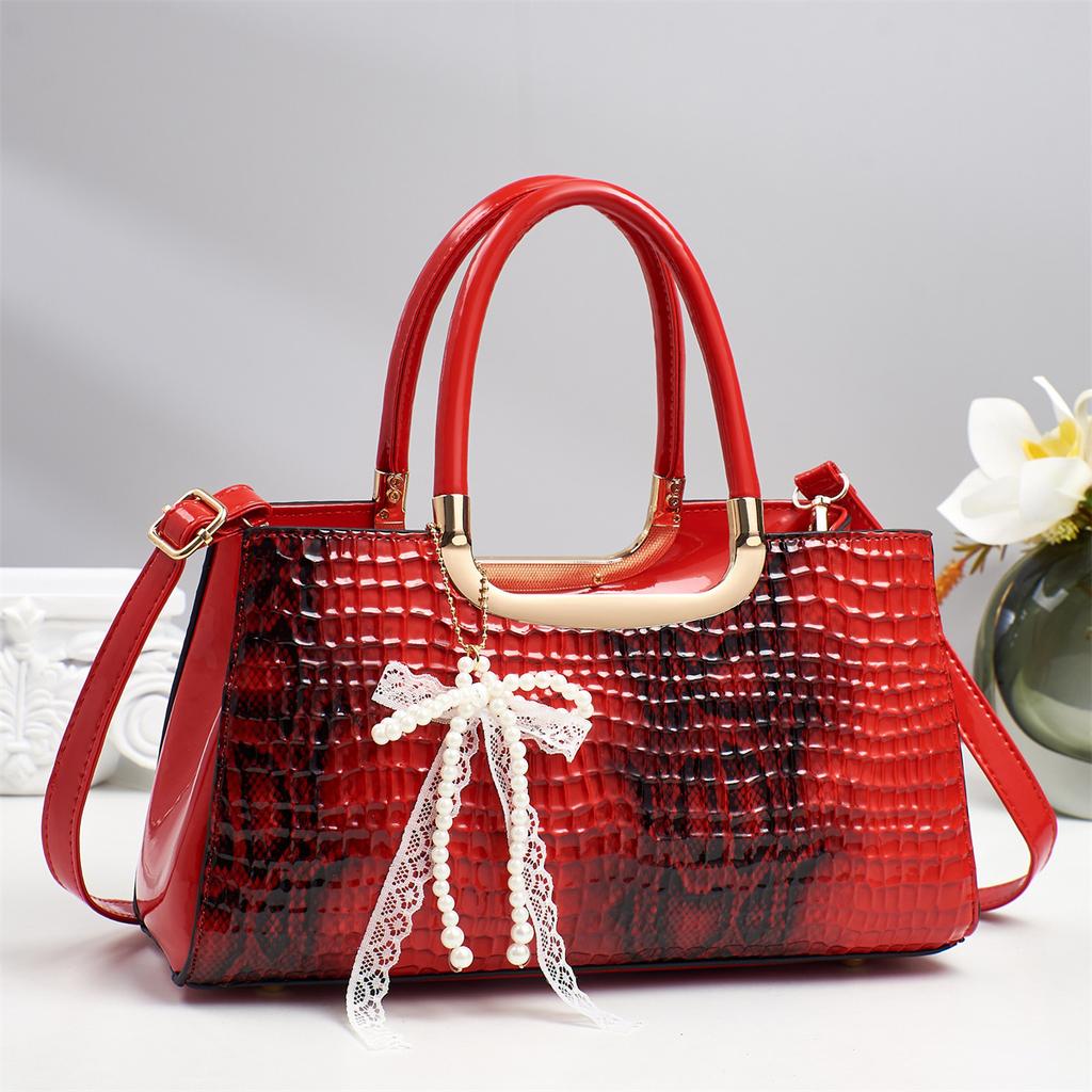 Women's New Arched Bead Pattern Top Handle Bag Versatile Crocodile Print Crossbody Purse