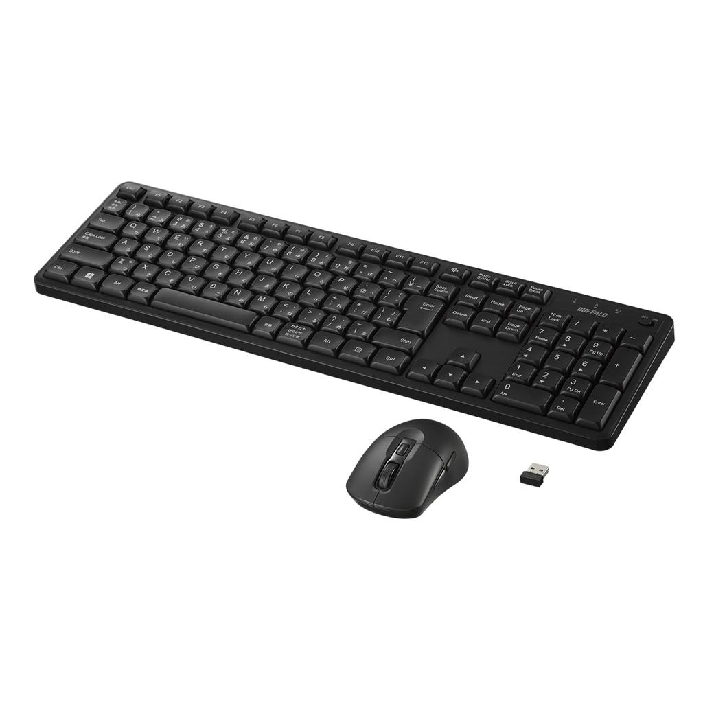 Buffalo Silent Keyboard and Mouse Set, Wireless 2.4GHz, Full Keyboard, 109 Keys, Japanese Layout, 5 Buttons, Blue LED, Black, BSKBW345SBK