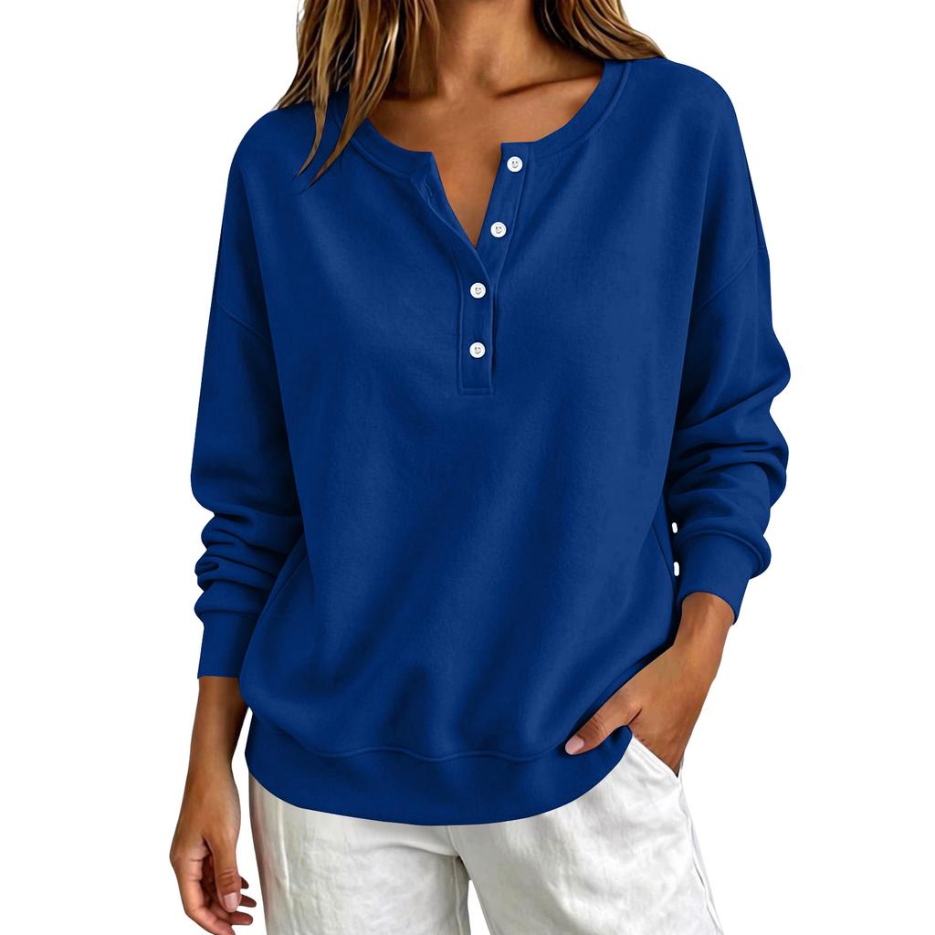Women's V-Neck Button Pullover Sweatshirt Loose Fit Long Sleeve Casual Top