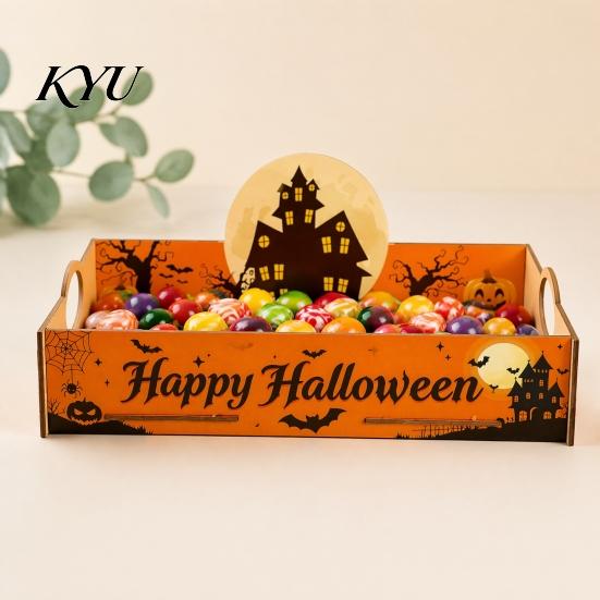 Halloween Candy Tray Witch Decorative Wood Serving with Handle, Ghost Pumpkin Castle Creative Party Supplies Trick or Treat Dessert for Accessories