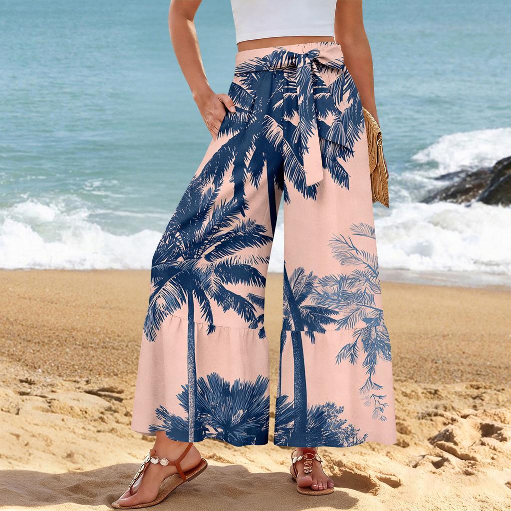 Pantalon décontracté large pour femme, Stretch, Taille haute, Ourlet à volants, Jambes larges, Ceinture, Et poches