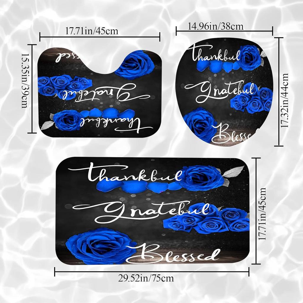 4-Piece Blue Rose Shower Curtain Set, Thank You Blessing Bathroom Curtain With Non-Slip Carpet Toilet Cover Pad U-Shaped Pad