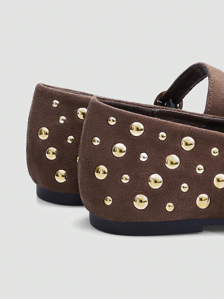 Brown Square Toe Mary Jane Flats with Large & Small Sequin Decorations and Single Strap Buckle