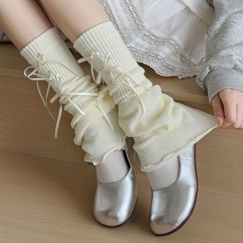 Middle Length Cotton Leg Warmers Decorative Bows Detail Leg Sleeve Socks For Winter Sports And Indoor Comfort