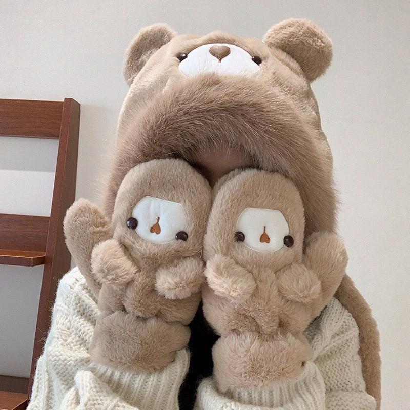 Winter Cartoon Cute Plush Hat Small Bear Raven Hat Women'S Outdoor Fashionable Warm Ear Protection Pullover Hat