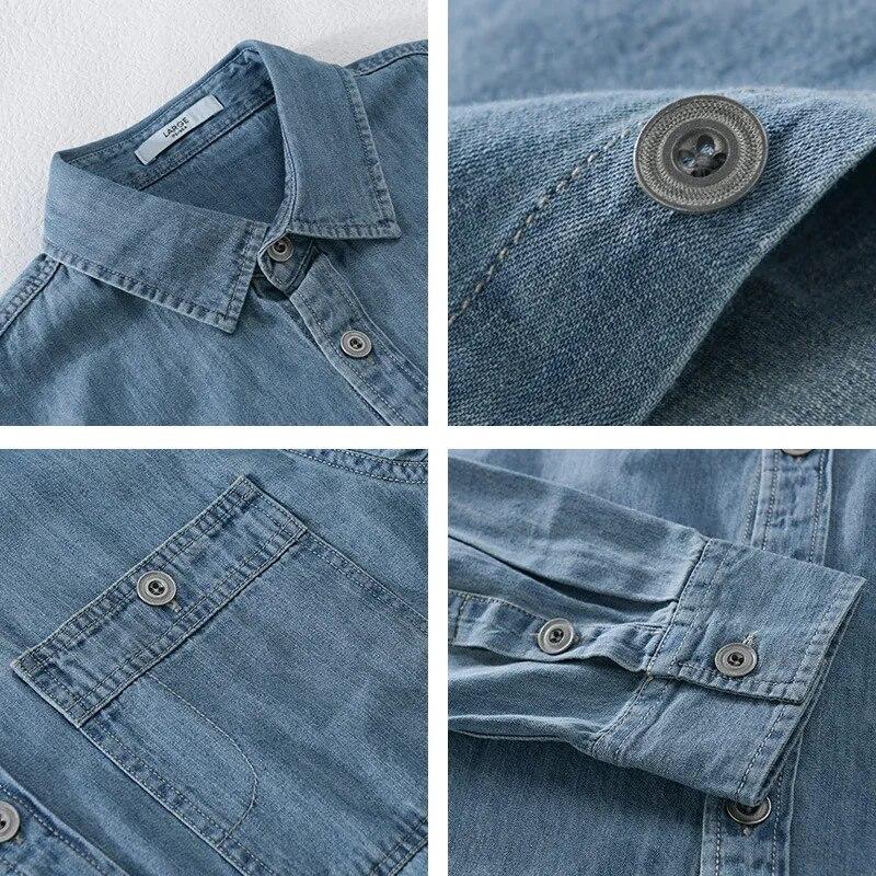 Vår Höst Långärmad Denimskjorta för Man Daglig Casual Ljusblå Jeans Herrtoppar Ren Bomullsskjorta Slim Fit Ungdom Enkel Stil Herrkläder