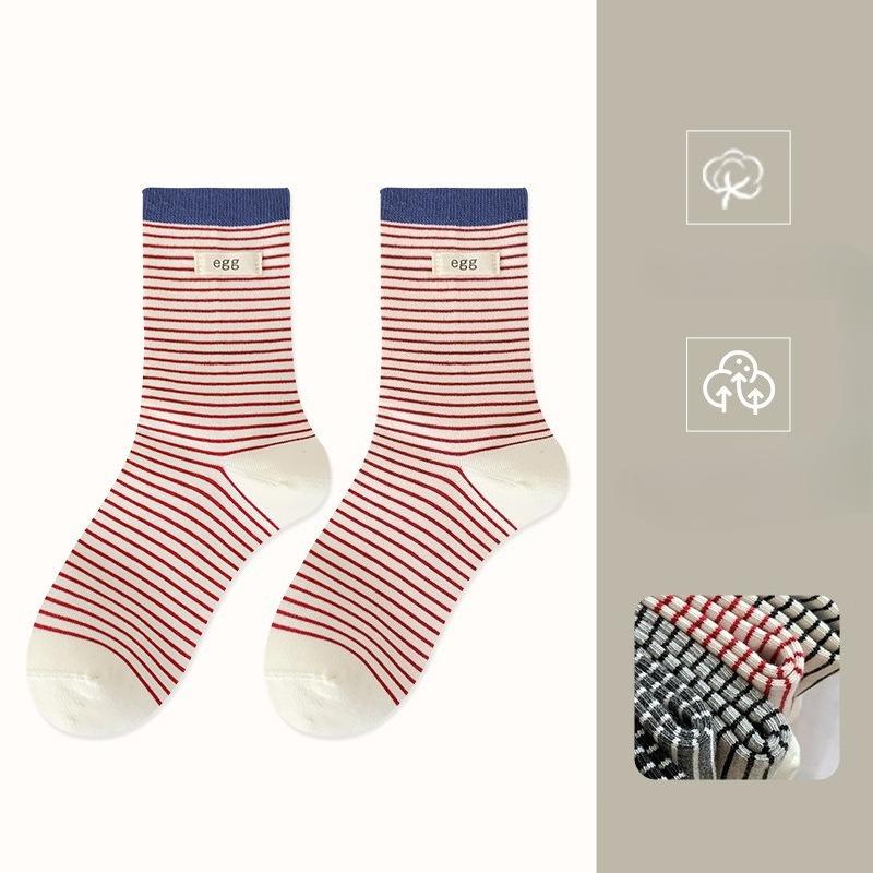 Women's Spring and Autumn New Color Contrast Cloth Label Boneless Striped Tube Stack Socks