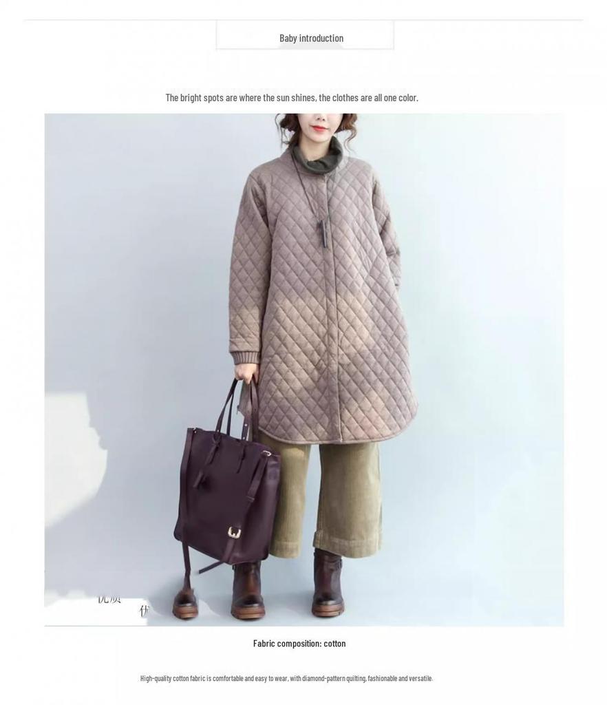 Diamond Quilted Chinese Style Women's Mid-Length Cotton Jacket - Retro, Simple, and Versatile