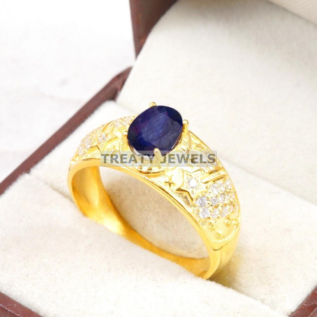 Erkekler İçin Altın Kaplama 925 Ayar Gümüş Üzerine Mavi Safir Oval Kesim Yüzük #B618 JL375686514690