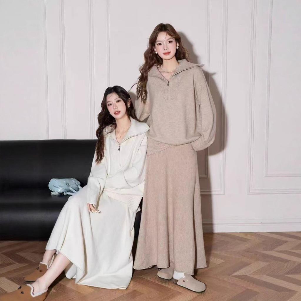 Design Lapel Lazy Pullover Sweater Knitted Skirt Two-piece Suit Women