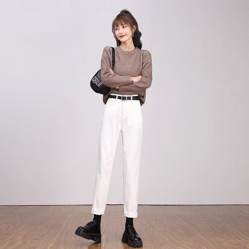 Women's Off-White High-Waisted Harem Jeans - 2024 Spring/Autumn, Elastic, Loose Fit, Slimming Casual Carrot Pants
