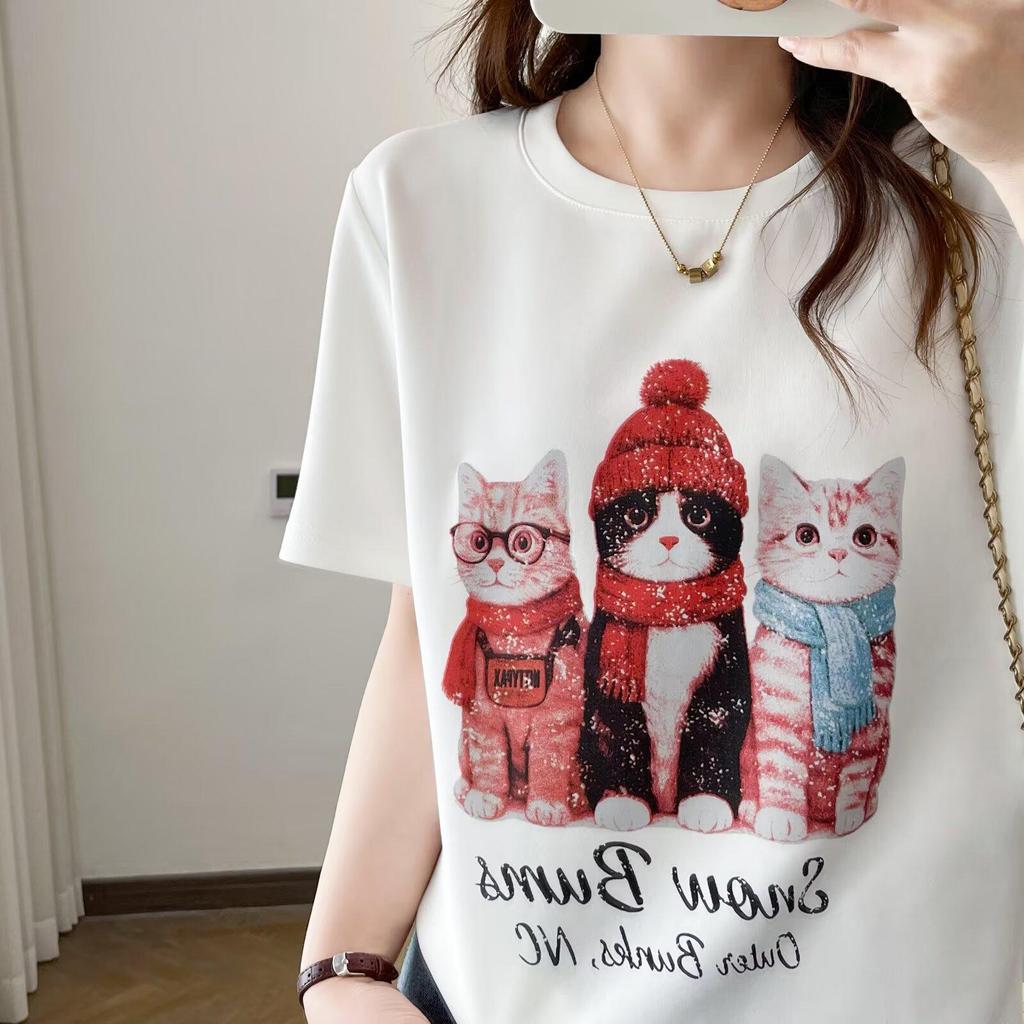 2026 Summer Korean Style Loose Fit Cartoon Cat Print Plus Size Pullover T-shirt for Women