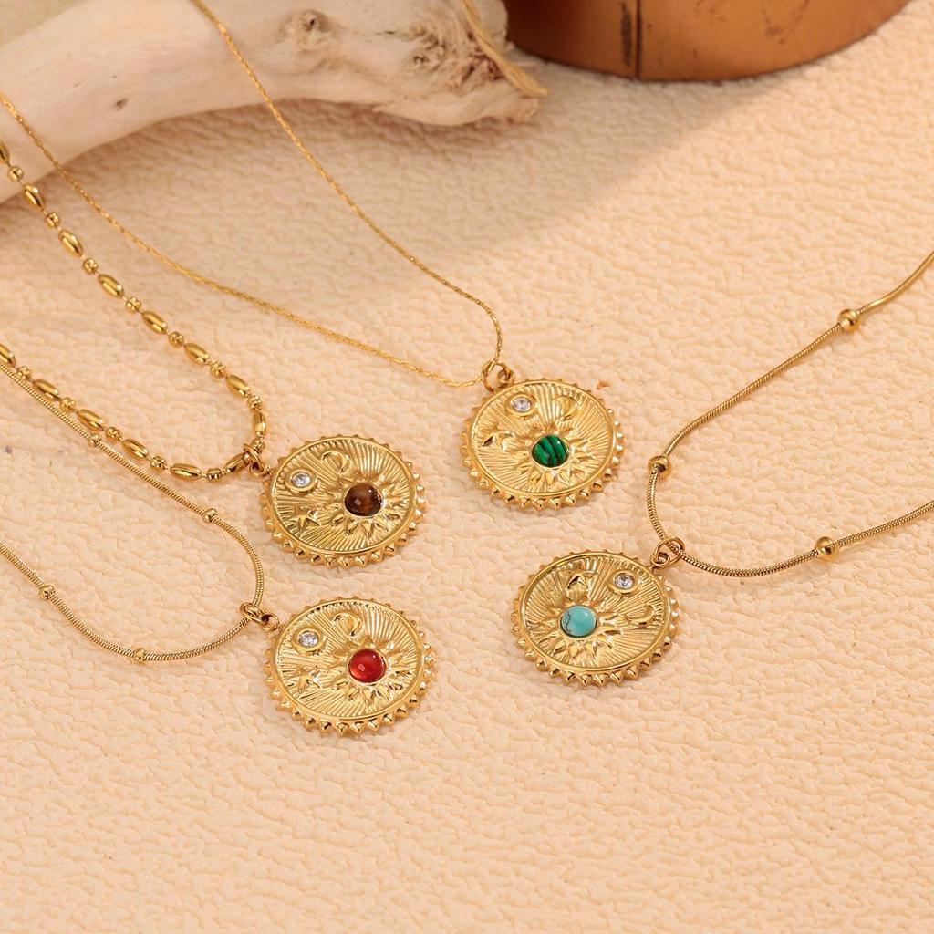 Gold-Plated Emerald Geometric Pendant Necklace - Stainless Steel, Waterproof, Fade-Resistant, Retro Style for Women