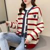 Autumn Winter New Versatile Stripe Color Block Button Round Neck Knitted Cardigan Women Core Yarn Long Sleeved Commuter Sweater