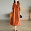 Natural Style Linen Blend V-Neck Dress - Women's Patchwork Midi Dress
