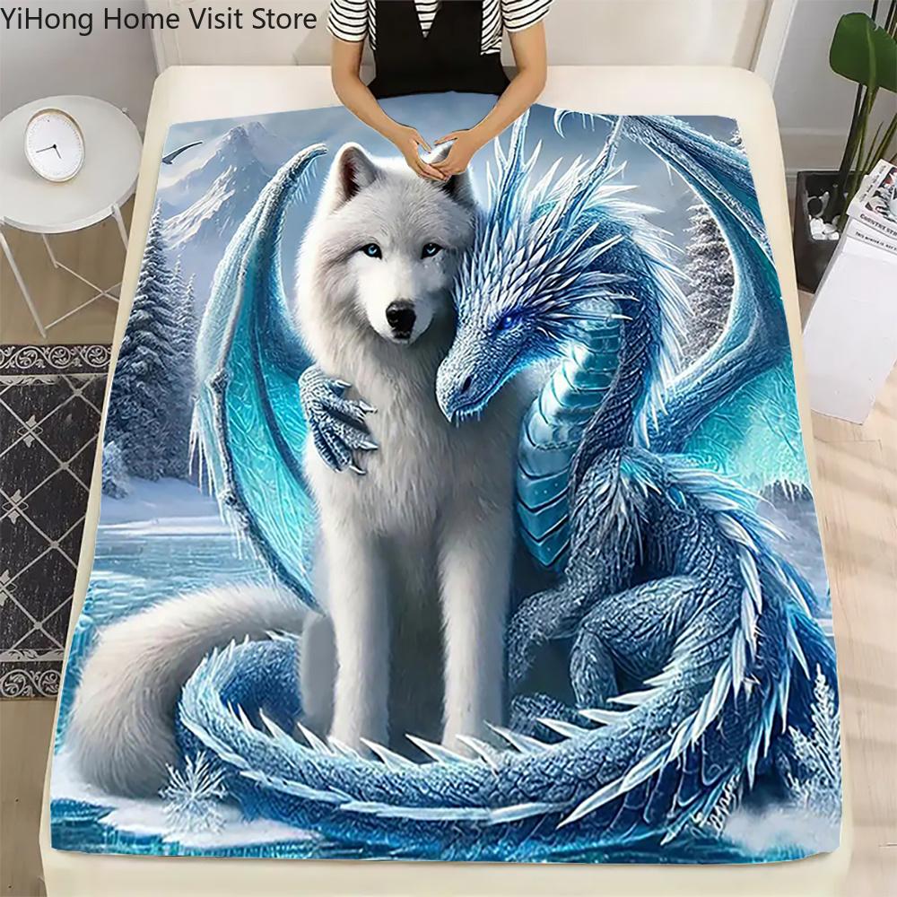 3D Wolf Dragon Picture Cartoon Blanket,Soft Throw Blanket for Home Bedroom Bed Sofa Picnic Travel Office Cover Blanket Kids