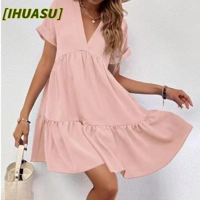 Women's Fashion Summer Spring Solid Color Print Short Sleeve V-Neck Casual Dresses